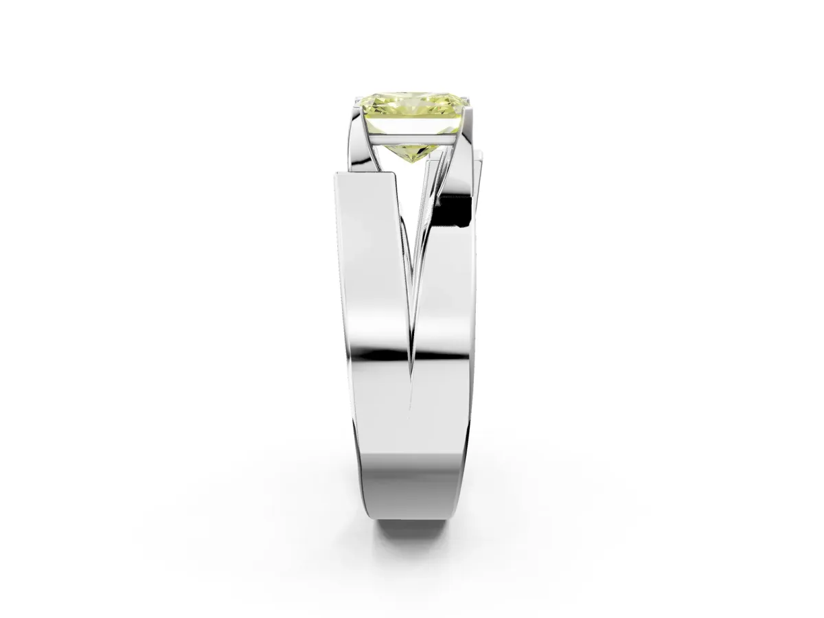 Fancy Yellow Modern Tension Set Radiant Cut Diamond Solitaire Wide Band Ring Silver