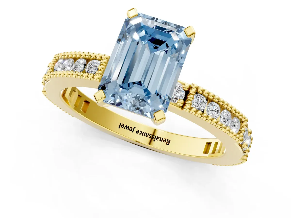 Fancy Blue Emerald Cut Solitaire with Pavé Band and Four-Prong Setting Yellow gold