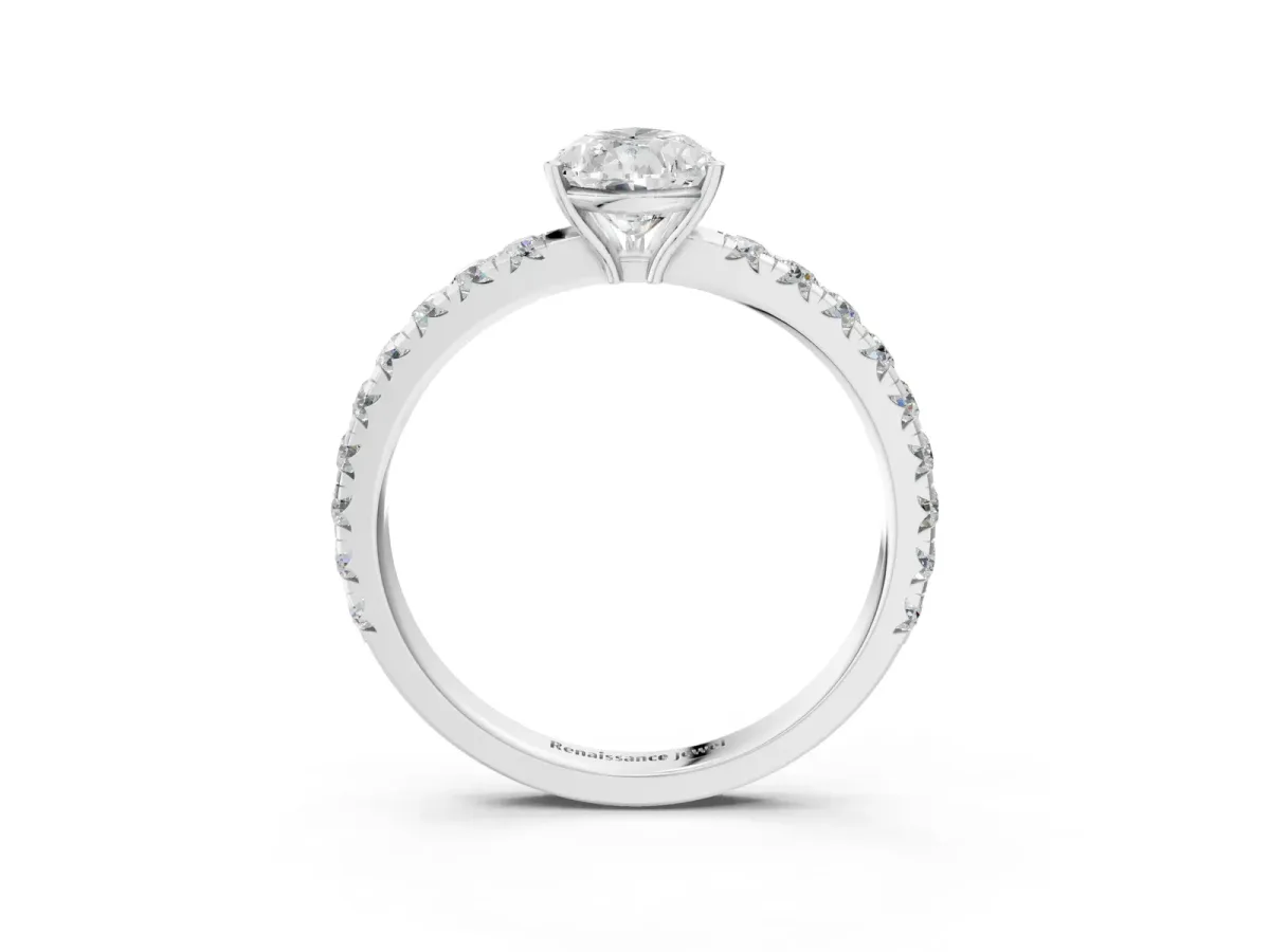 Pear Cut Diamond Pavé Solitaire Engagement Ring with Four-Prong Setting Silver
