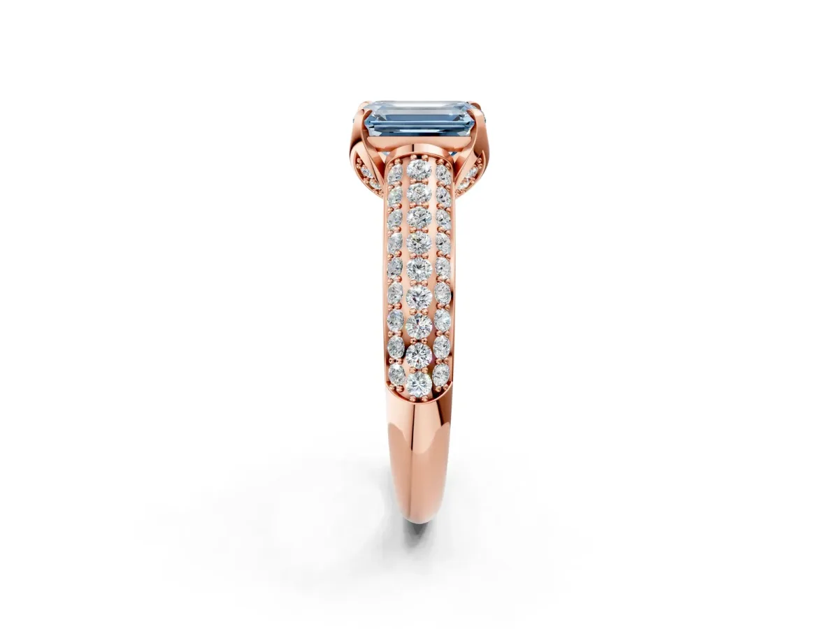 Fancy Blue Emerald Cut Diamond Solitaire Ring with Three-Row Pavé Band and Four-Prong Setting Rose gold