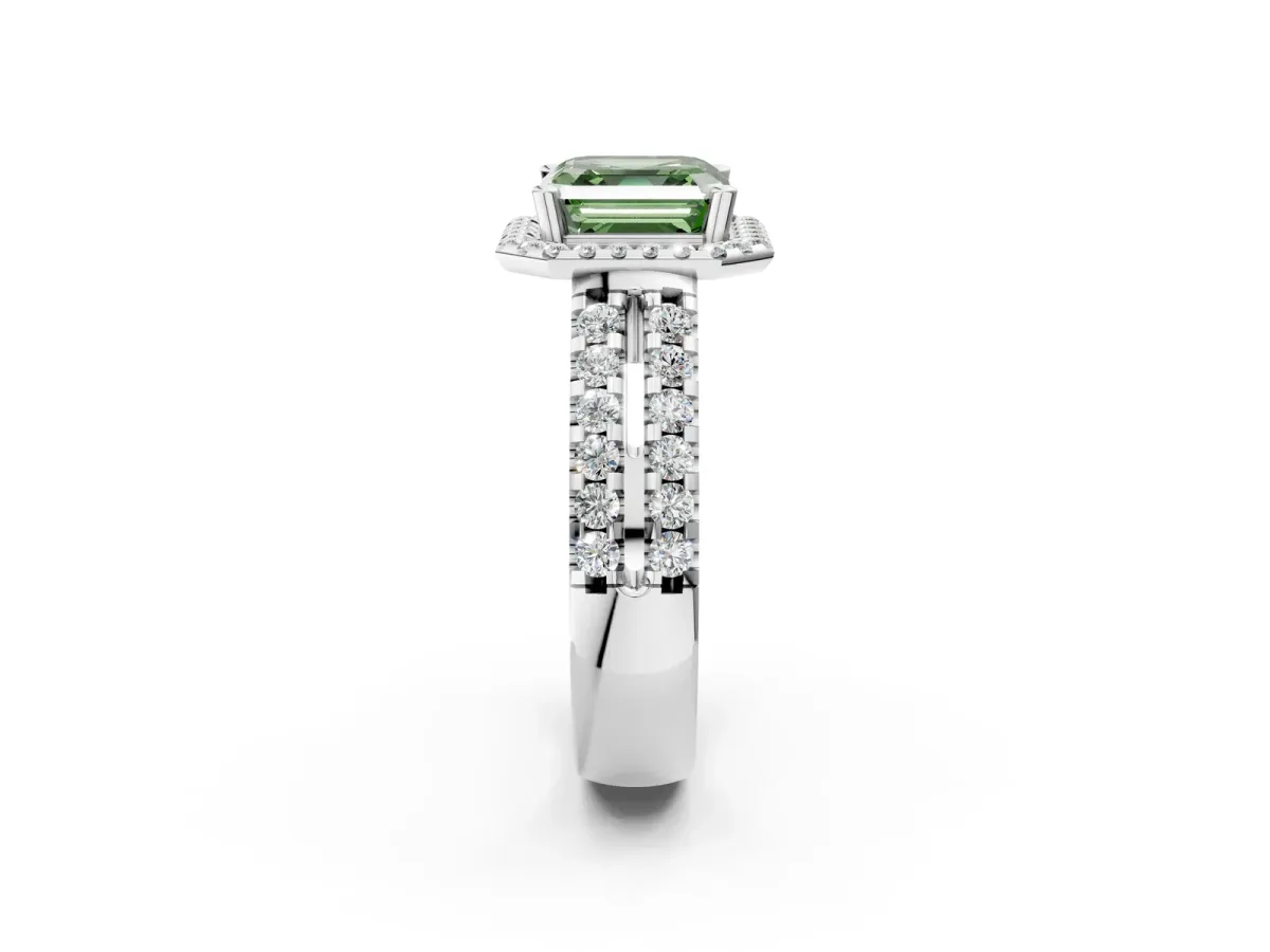 Fancy Green Asscher Cut Halo Diamond Split Shank Engagement Ring with Prong Setting Platinum