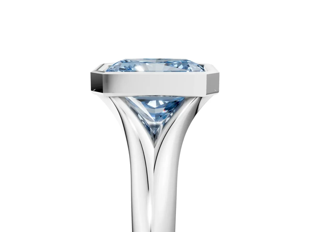 Fancy Blue Bezel Set Radiant Cut Solitaire Diamond Ring with Smooth Band Platinum