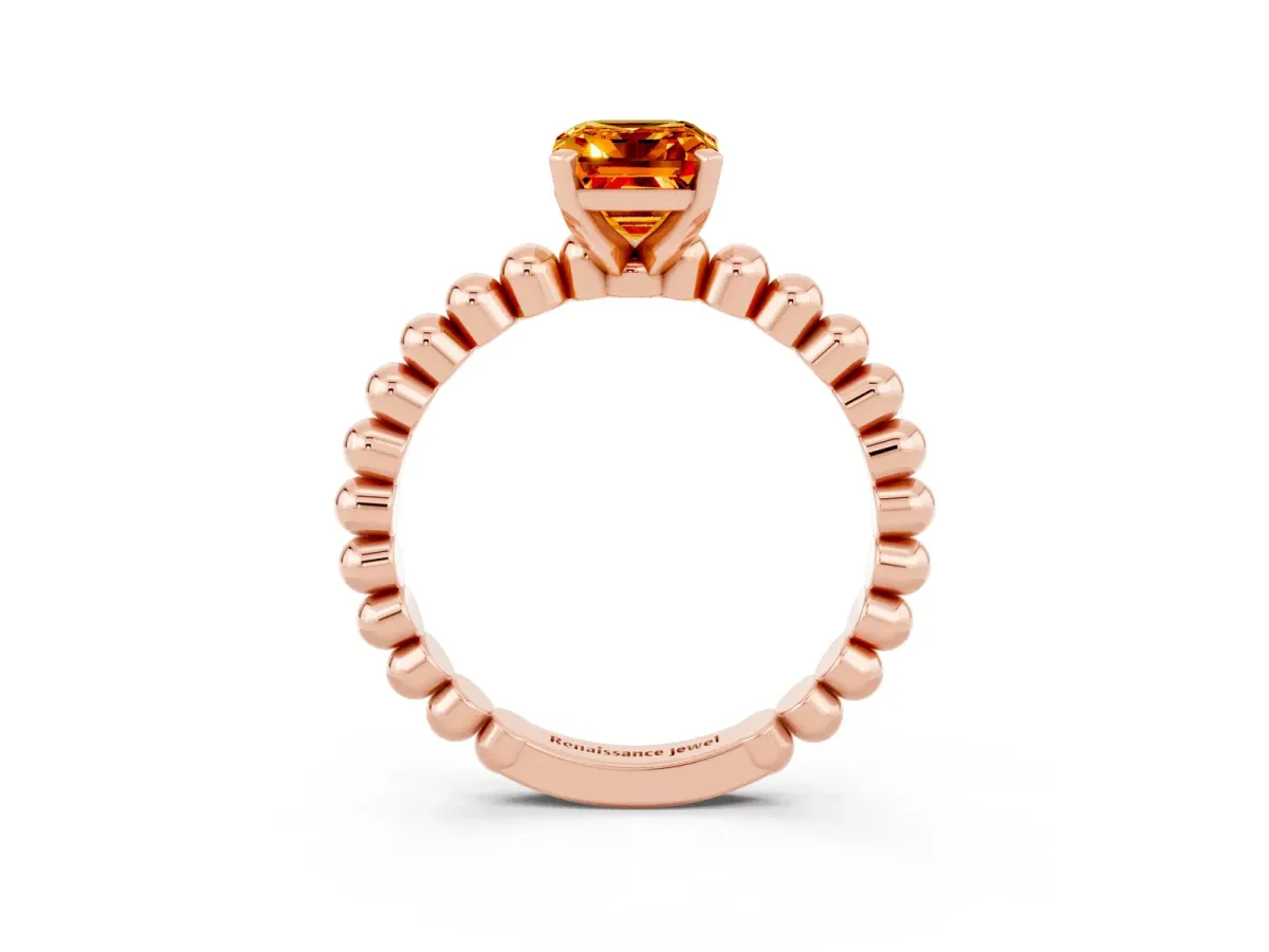 Emerald Cut Citrine Solitaire Ring with Beaded Band and Prong Setting Rose gold