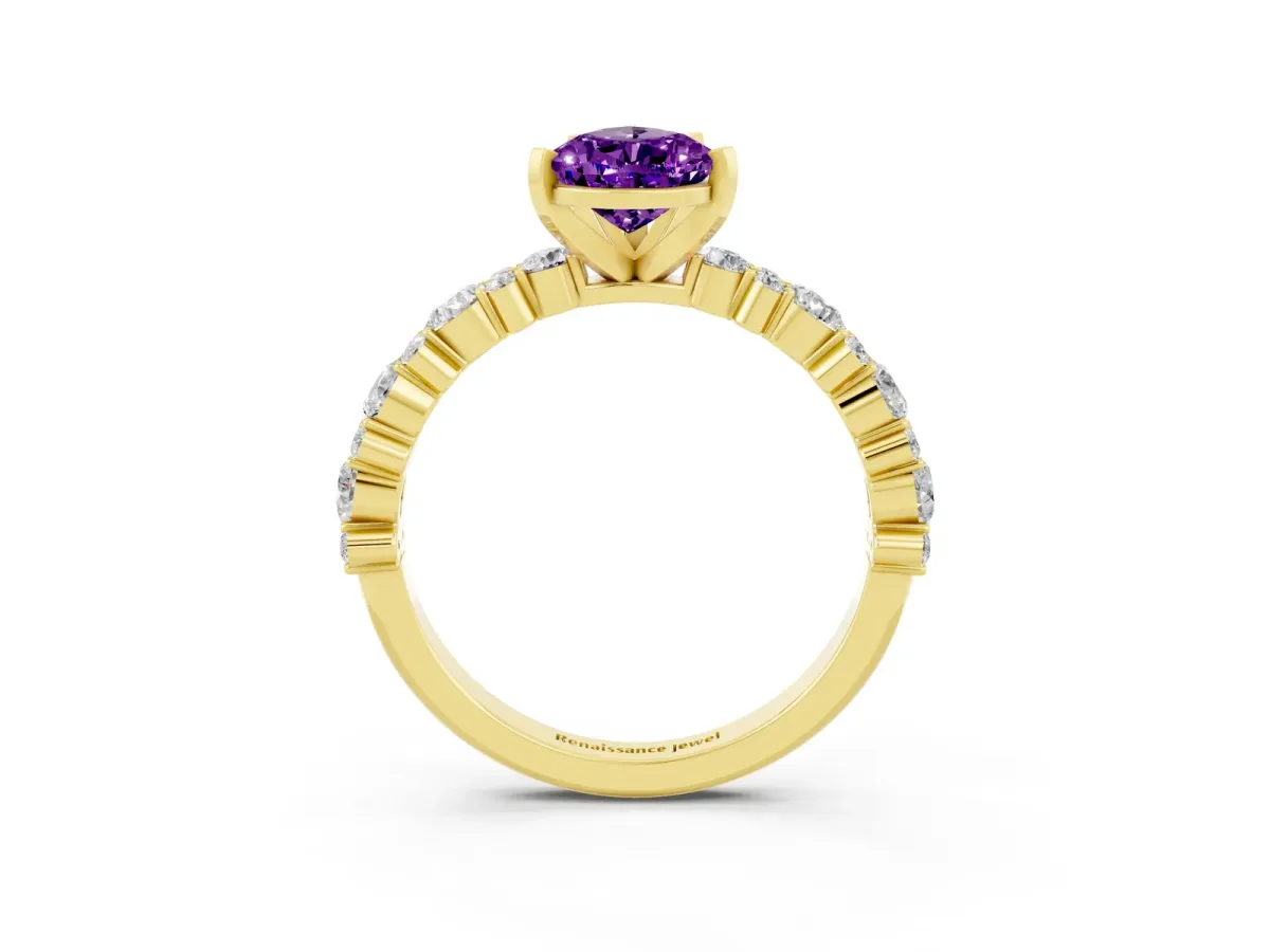 Pear Cut Amethyst Side Stone Solitaire Ring with Round and Four-Prong Setting Yellow gold