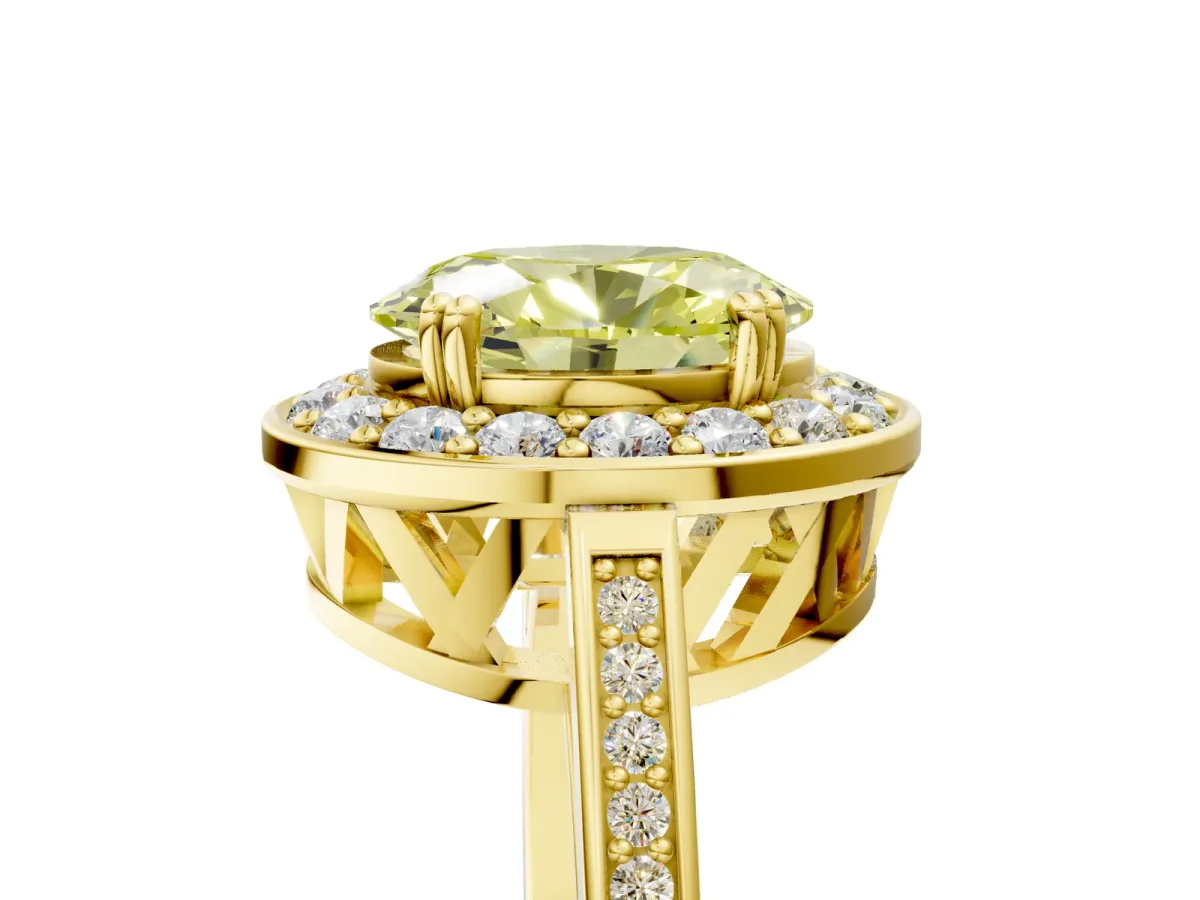 Fancy Yellow Oval Cut Diamond Halo Ring with Split Shank and Four-Prong Setting Yellow gold
