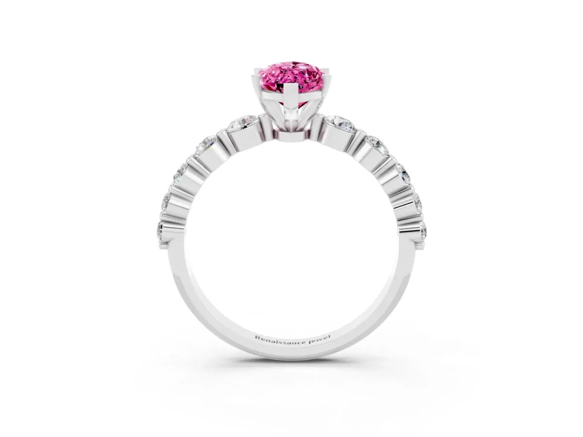 Marquise Cut Solitaire Pink Sapphire Ring with Pave Band and Four-Prong Setting Silver