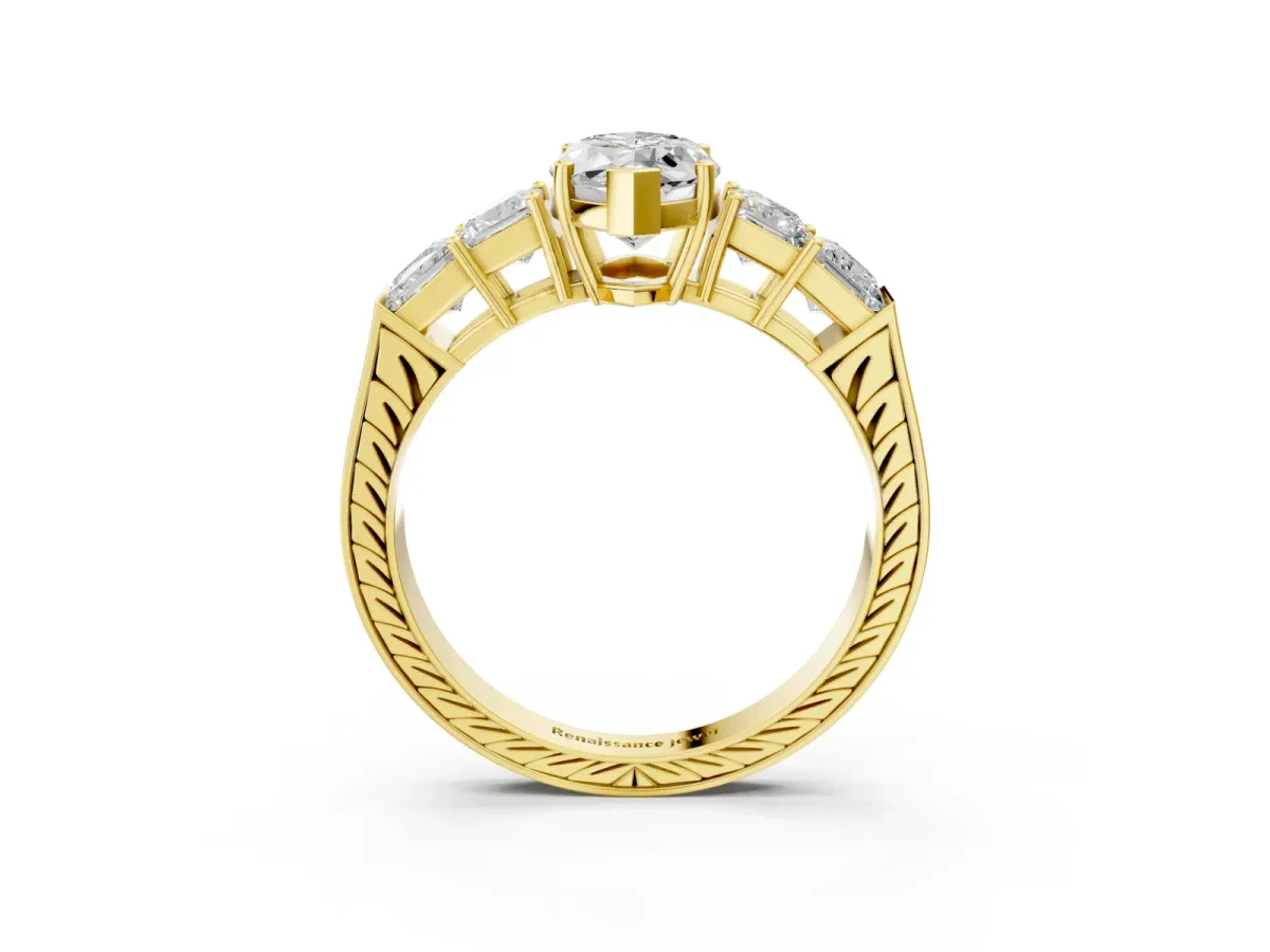 Marquise Cut Solitaire Princess Side Stone Engraved Band Prong Setting Ring Yellow gold