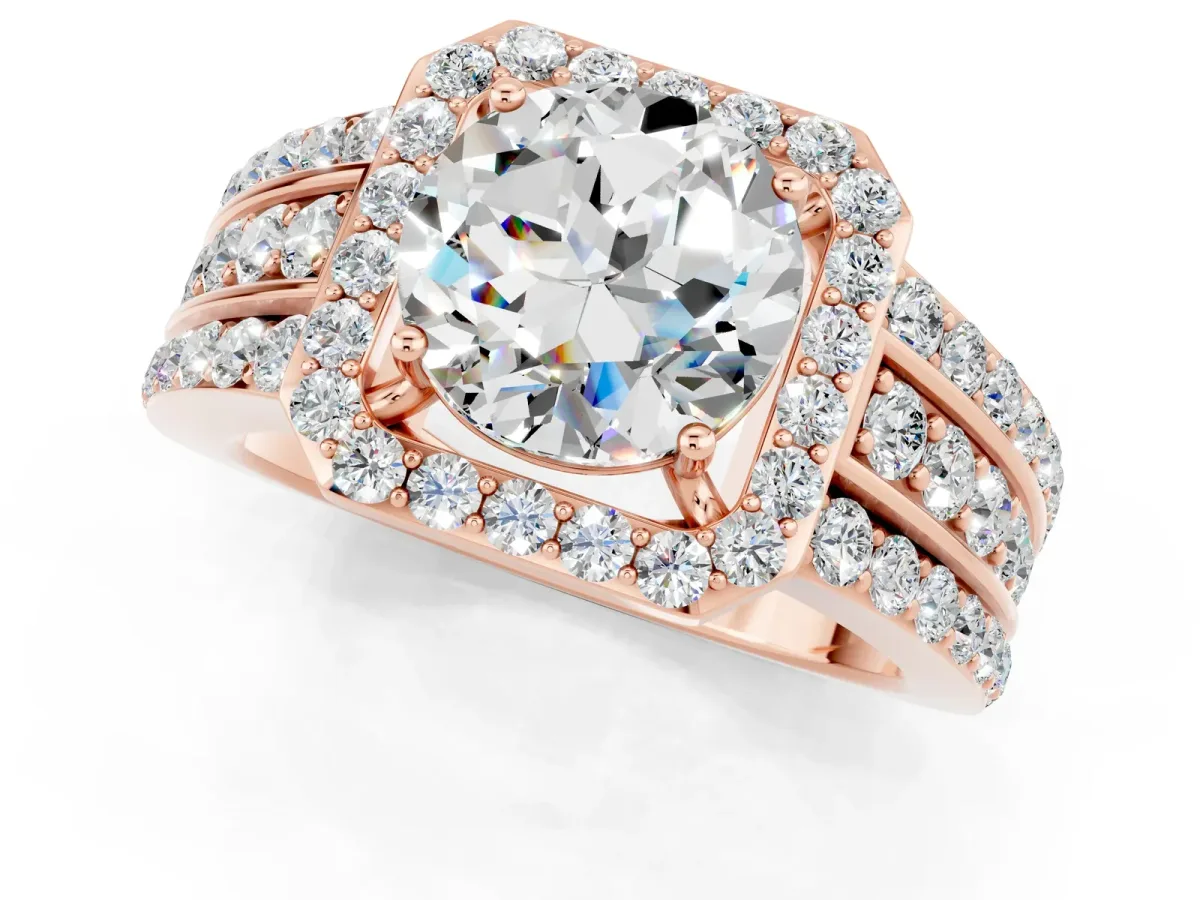 Round Cut Halo Moissanite Ring with Round Split Shank and Prong Setting Rose gold