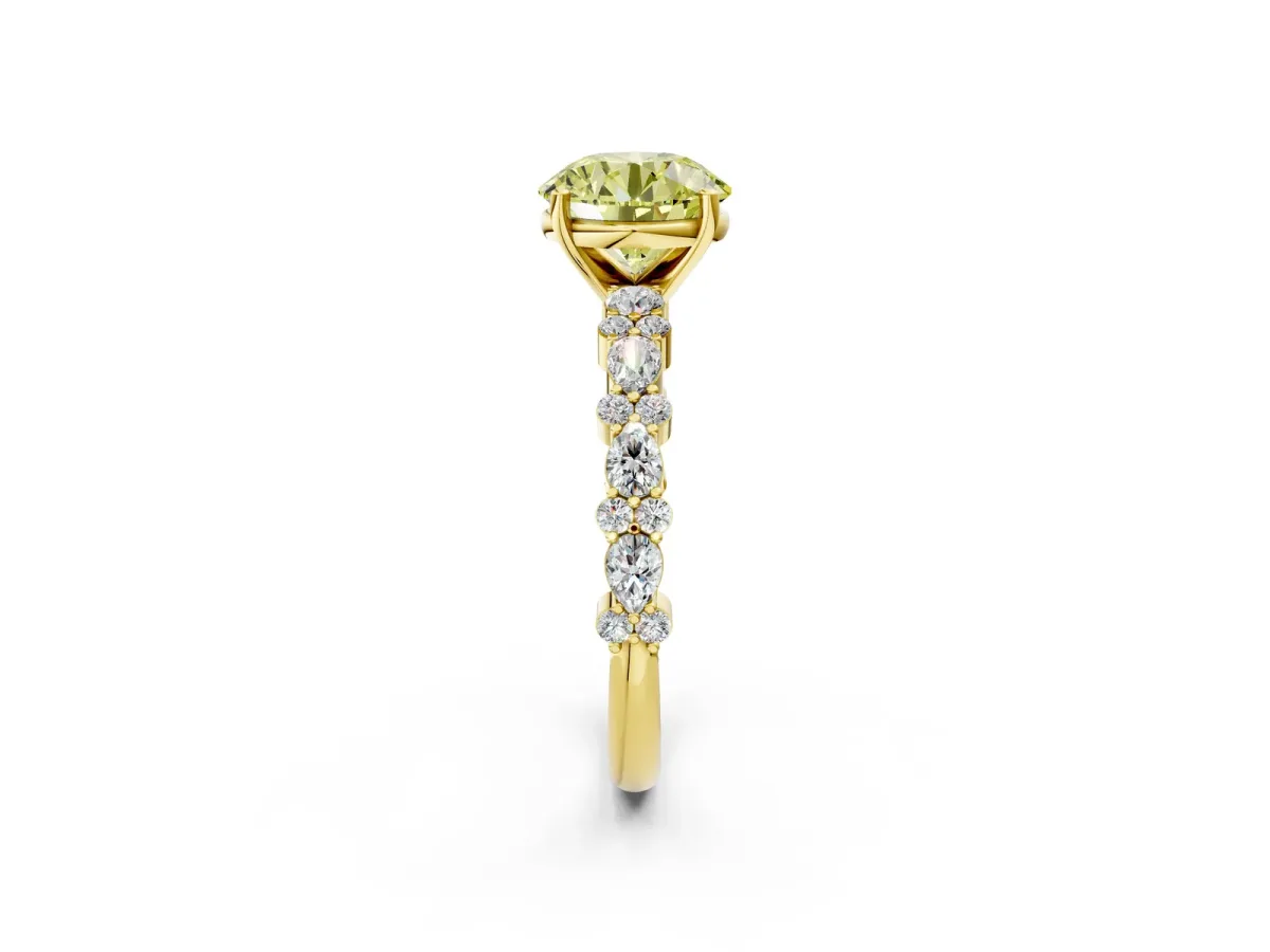 Fancy Yellow Round Cut Diamond Side Stone Solitaire Ring with Round and Four-Prong Setting Yellow gold