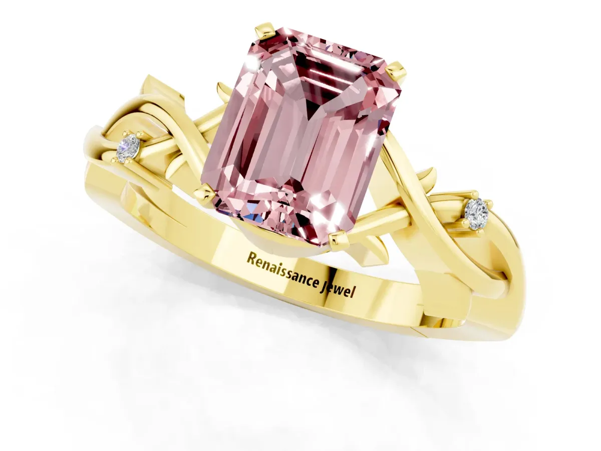 Emerald Cut Morganite Solitaire Ring with Twisted Band and Prong Setting Yellow gold