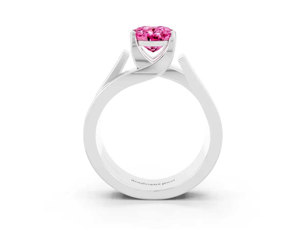 Modern Tension Set Oval Cut Pink Sapphire Solitaire Wide Band Ring Silver