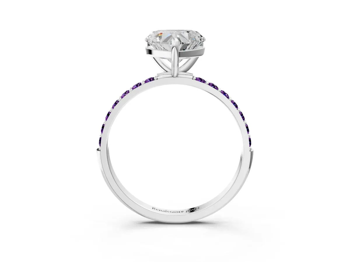 Heart Cut Diamond Solitaire Ring with Round Amethyst Pavé Band and Prong Setting Silver