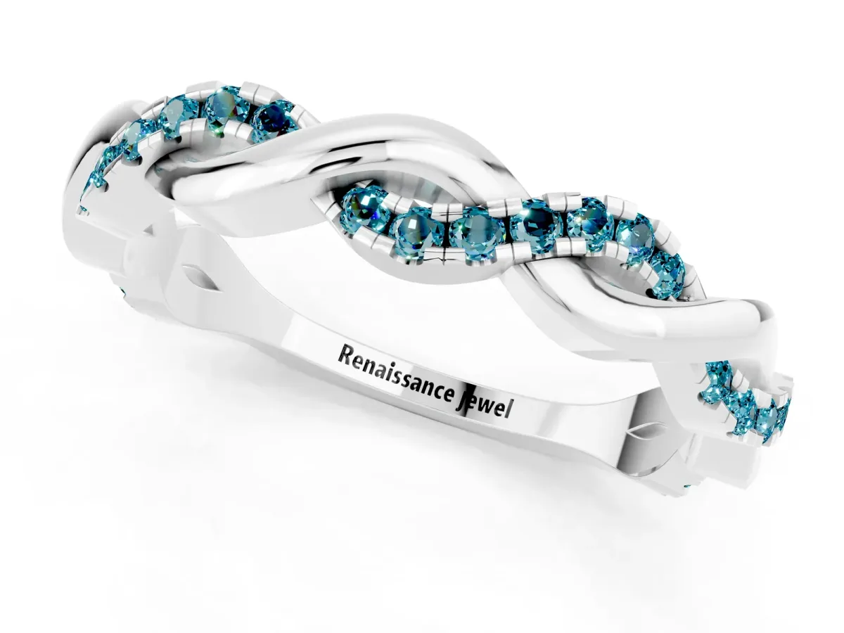 Round Blue Topaz Twist Eternity Band with Pavé Setting Platinum