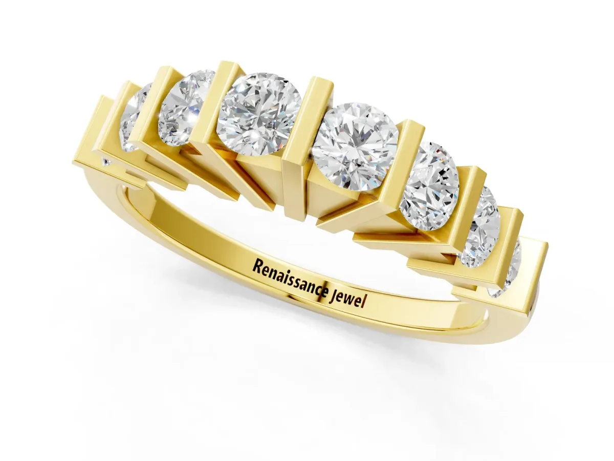 Channel Set Round Diamond Half Eternity Band with Bar Prong Setting Yellow gold