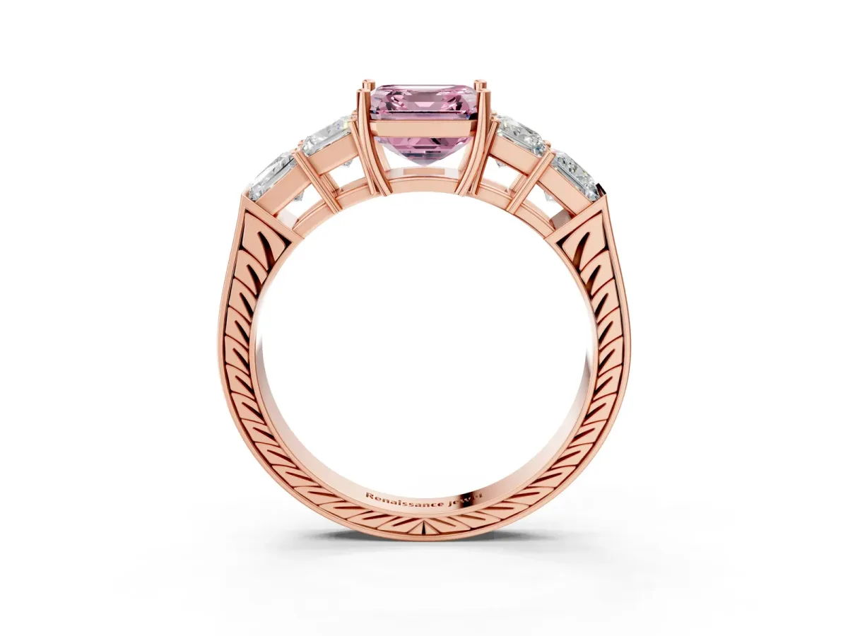 Fancy Pink Asscher Cut Solitaire Princess Side Stone Engraved Band Prong Setting Ring Rose gold