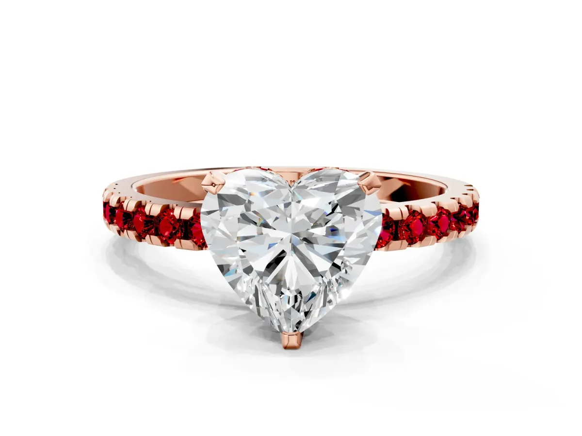 Heart Cut Diamond Solitaire Ring with Round Ruby Pavé Band and Four-Prong Setting Rose gold