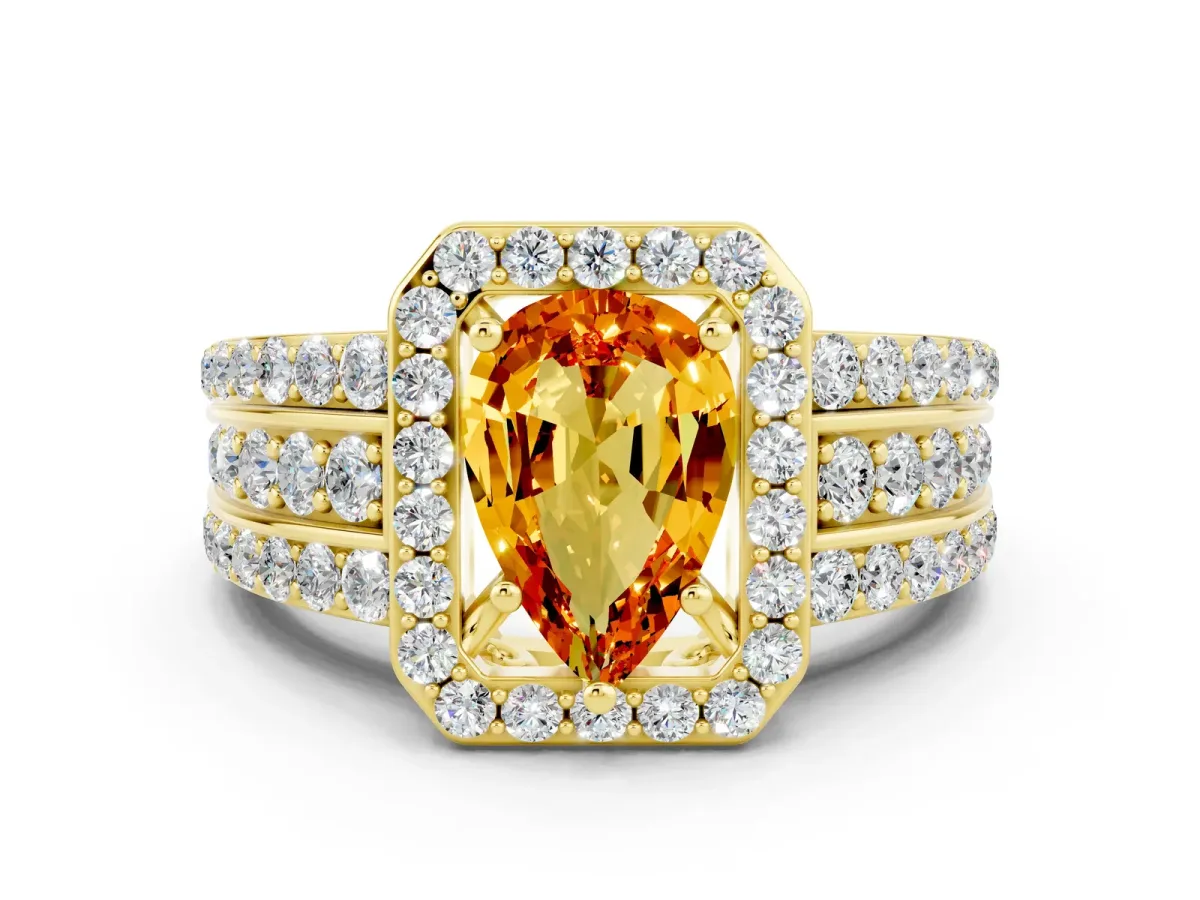 Pear Cut Halo Citrine Ring with Round Split Shank and Prong Setting Yellow gold