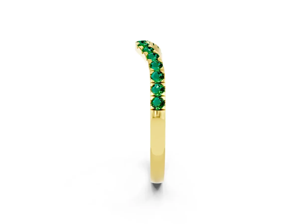 Curved Pavé Round Emerald Wedding Band with Shared Prong Setting Yellow gold