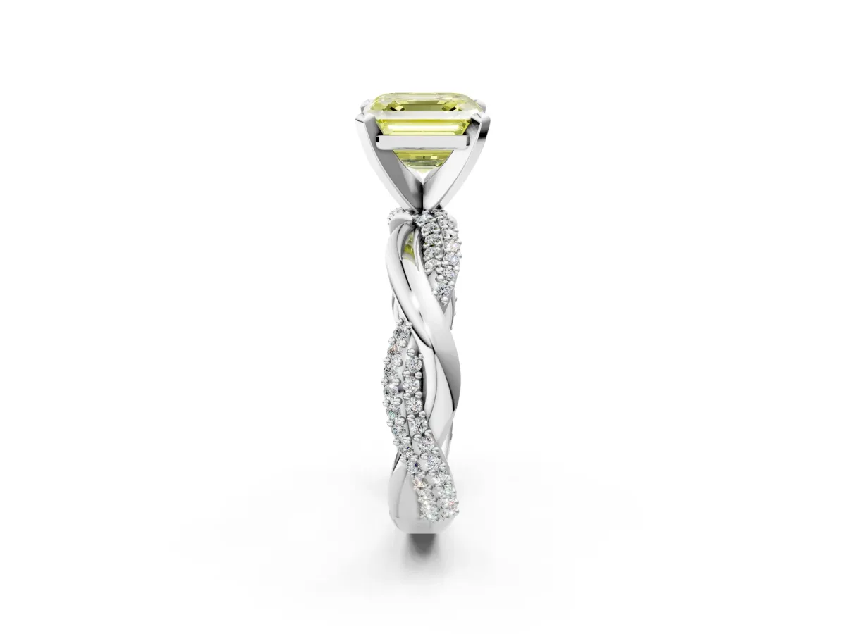 Fancy Yellow Asscher Cut Solitaire Twist Band with Pave Prong Setting Platinum
