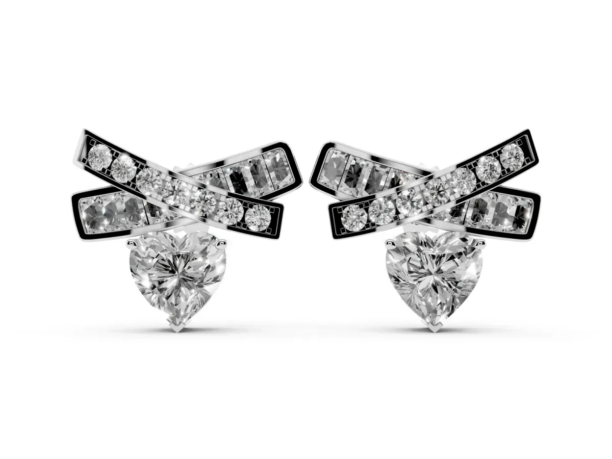Heart Diamond X Stud Earrings with Baguette and Round Accents Silver