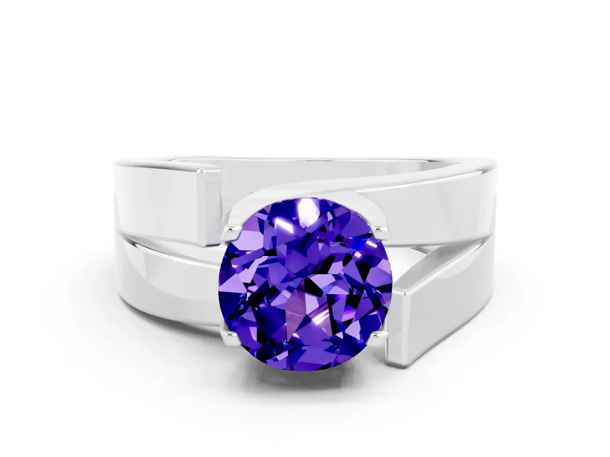 Modern Tension Set Round Cut Tanzanite Solitaire Wide Band Ring Silver