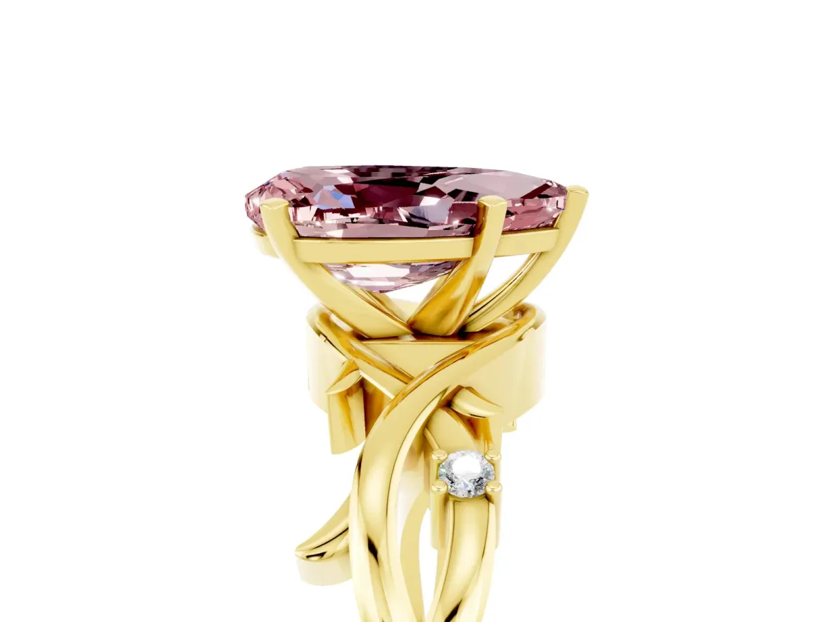 Pear Cut Morganite Solitaire Ring with Twisted Band and Prong Setting Yellow gold