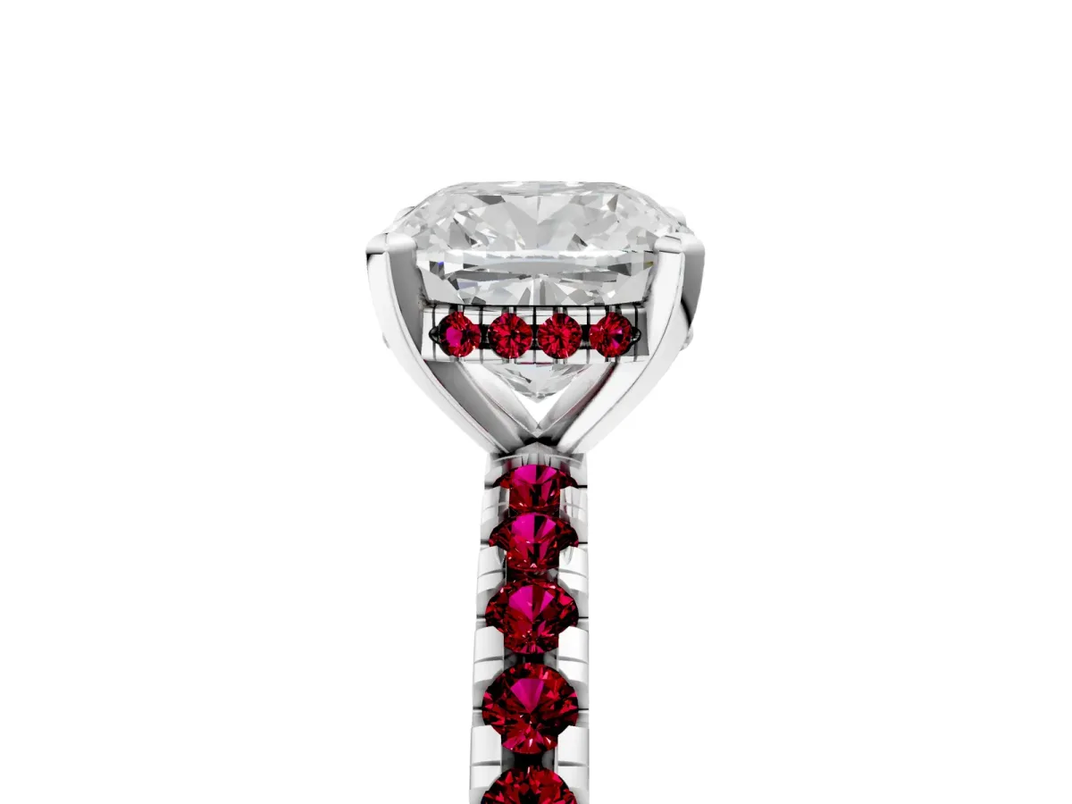 Cushion Cut Diamond Solitaire Ring with Round Garnet Pavé Band and Four-Prong Setting Silver