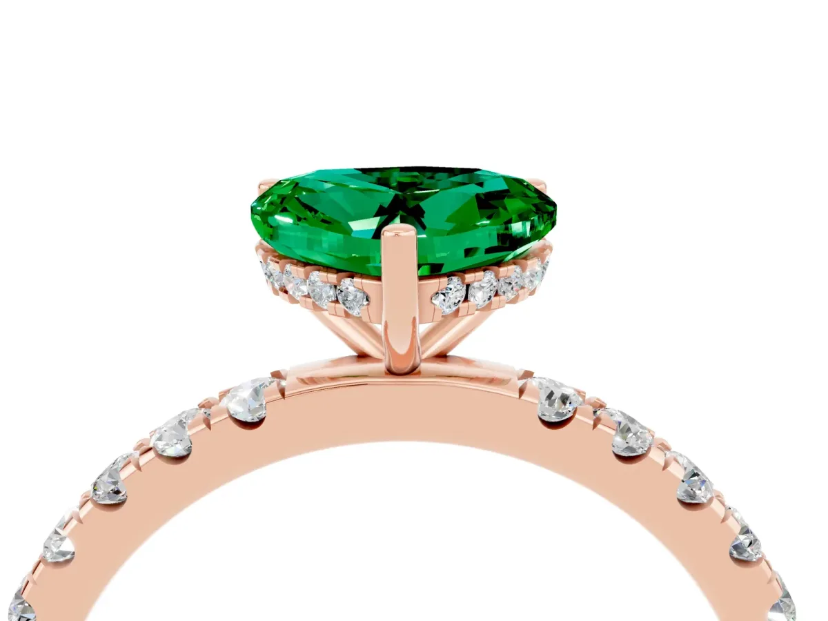 Heart Cut Emerald Pave Band Solitaire Ring with Round and Prong Setting Rose gold