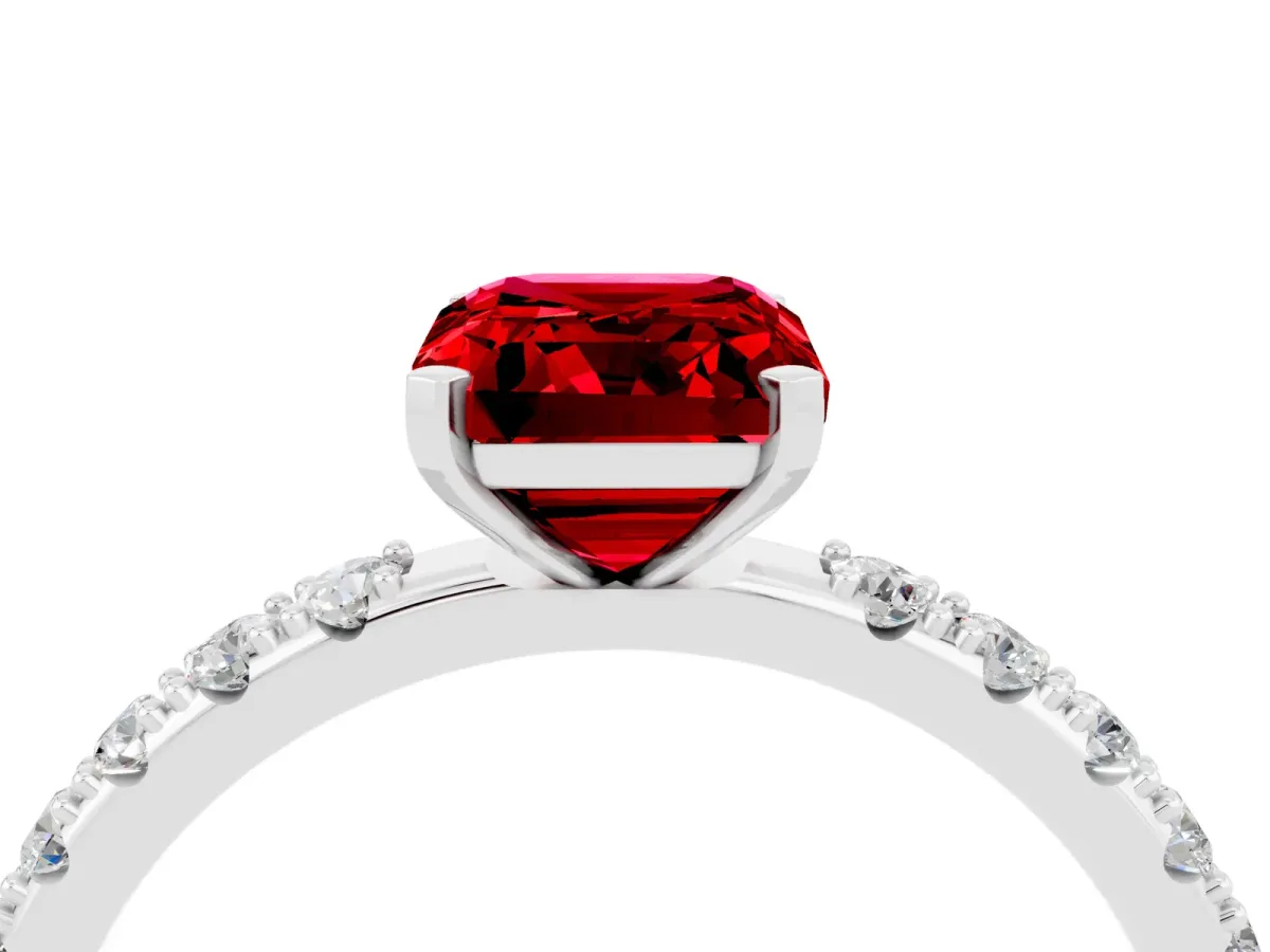 Emerald Cut Ruby Solitaire Pavé Band with Four-Prong Setting White gold