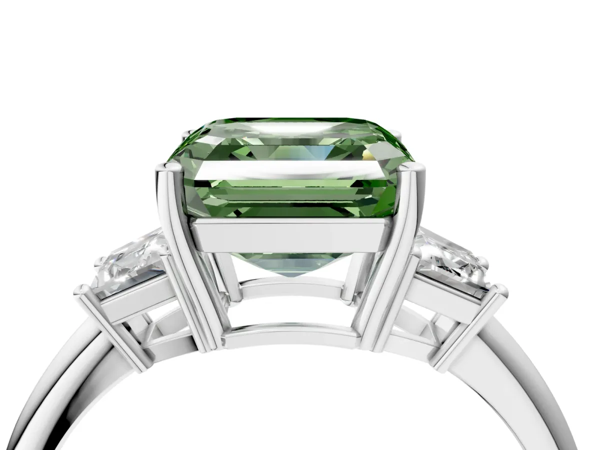 Fancy Green Asscher Cut Diamond Three-Stone Ring with Trapezoid Side Stones and Prong Setting Platinum