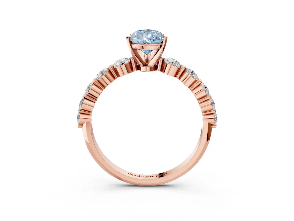 Fancy Blue Pear Cut Solitaire Diamond Ring with Pave Band and Four-Prong Setting Rose gold