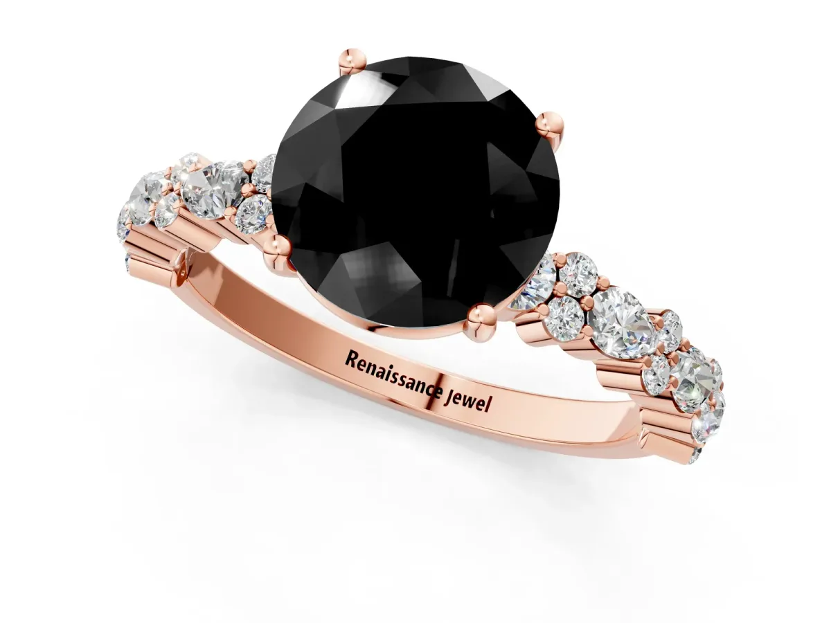 Fancy Black Round Cut Diamond Side Stone Solitaire Ring with Round and Four-Prong Setting Rose gold