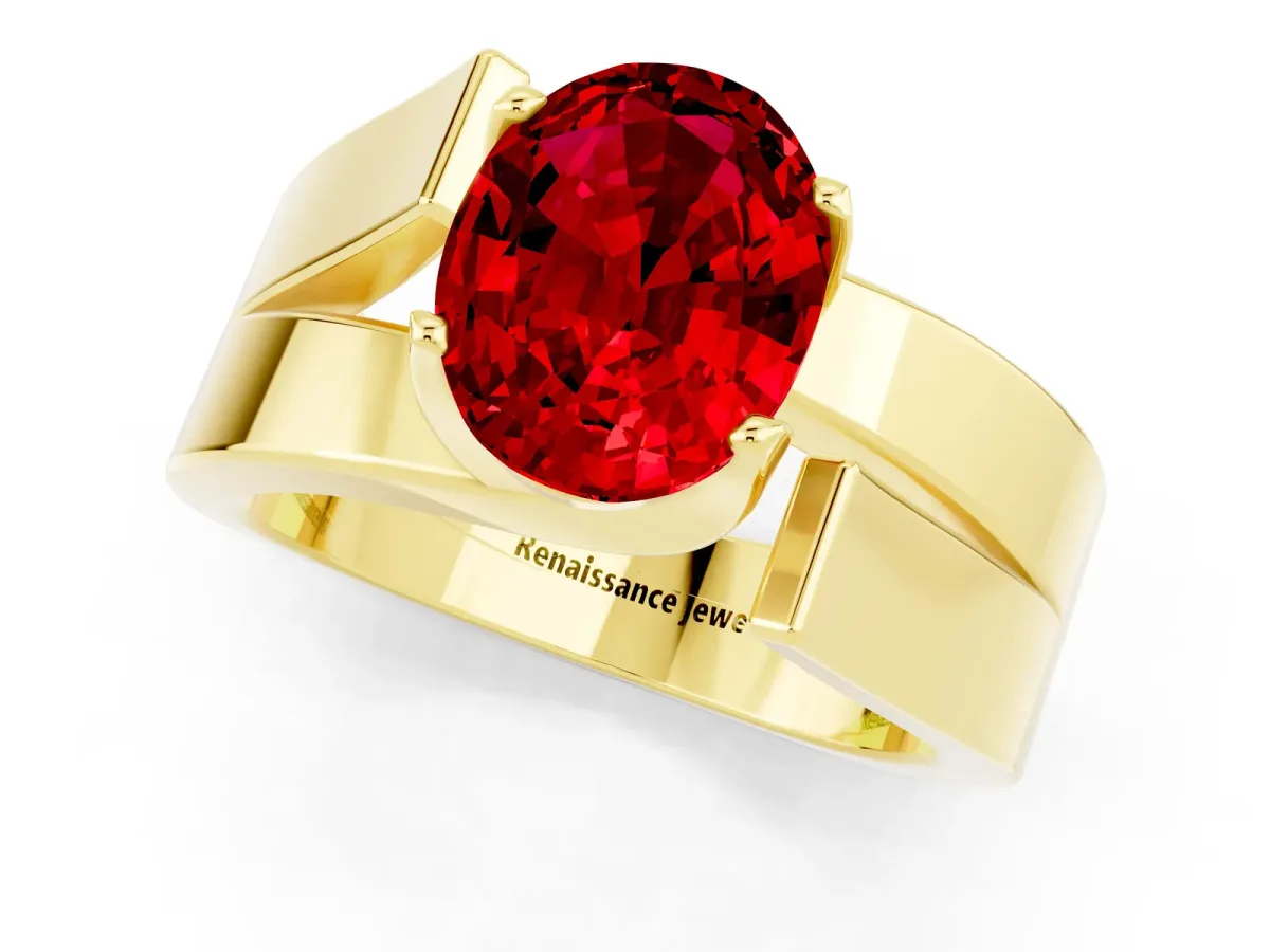 Modern Tension Set Oval Cut Ruby Solitaire Wide Band Ring Yellow gold