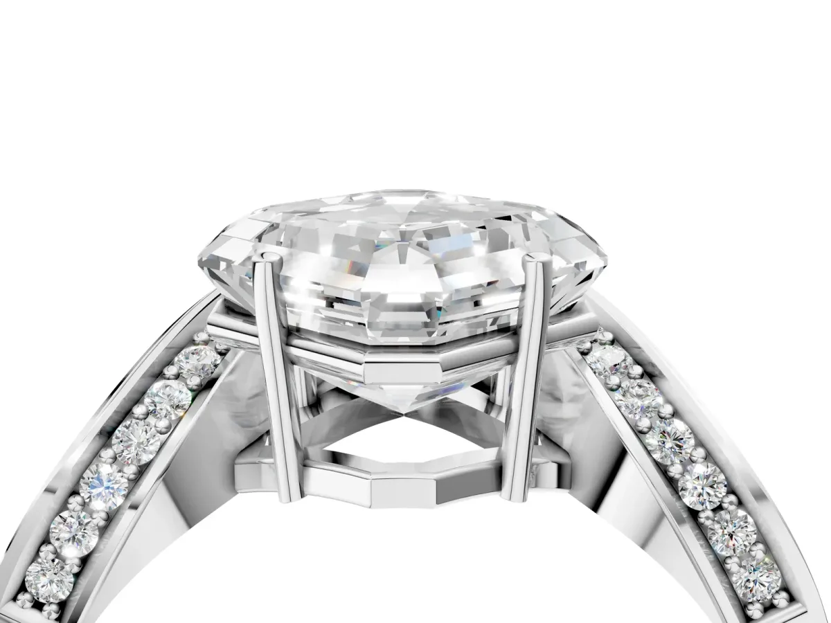 Asscher Cut Solitaire Diamond Engagement Ring with Pave Band and Four-Prong Setting Silver