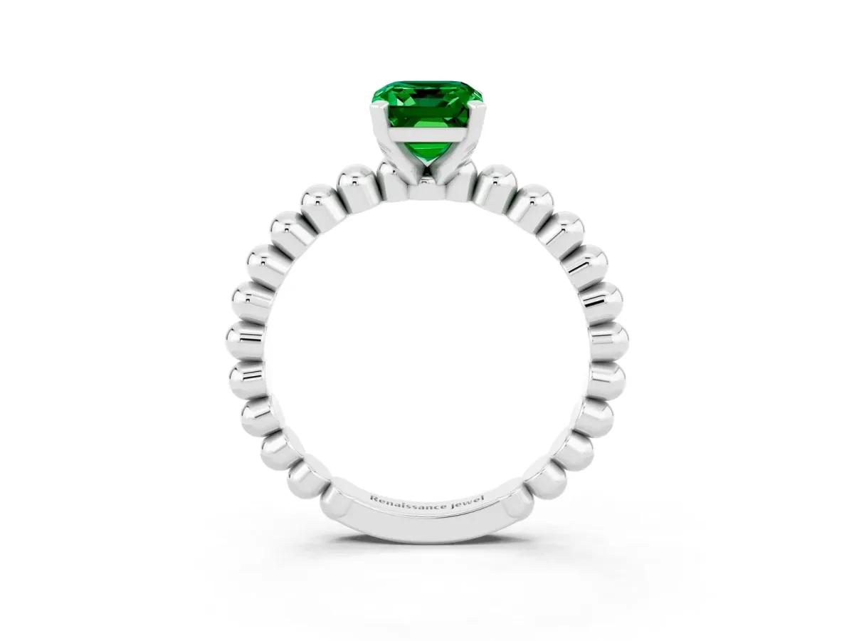 Emerald Cut Emerald Solitaire Ring with Beaded Band and Prong Setting Silver