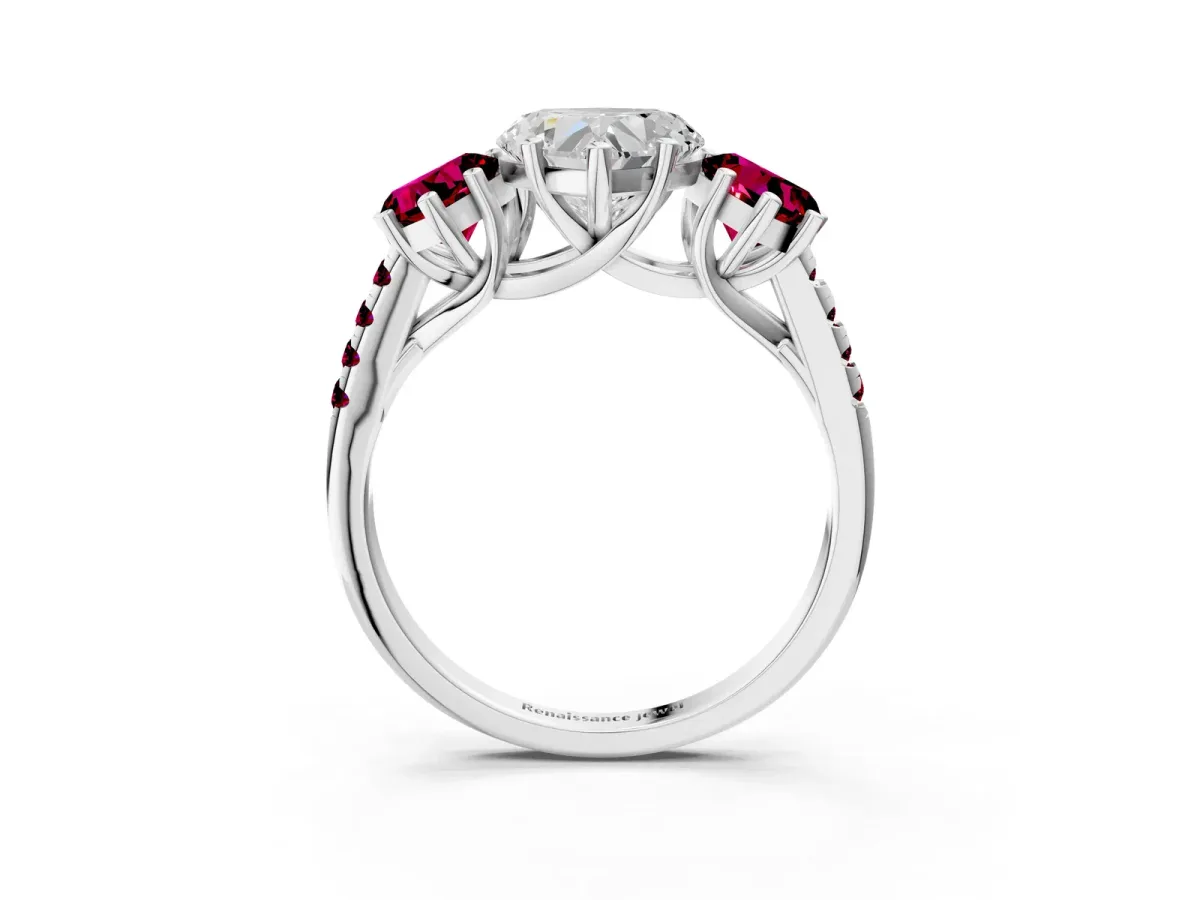 Three-Stone Heart Cut Diamond Ring with Round Garnet Pavé Band and Prong Setting Platinum