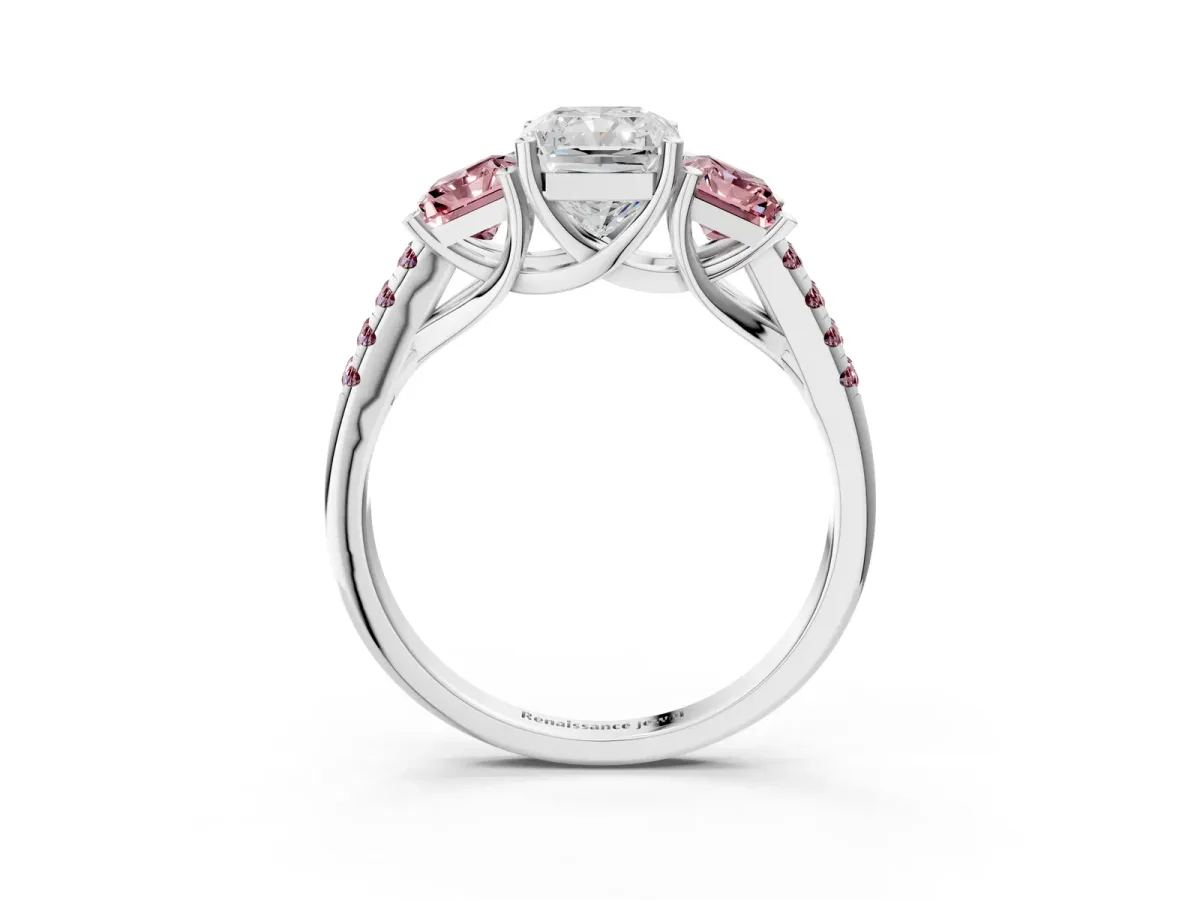 Three-Stone Radiant Cut Diamond Ring with Round Morganite Pavé Band and Prong Setting Silver