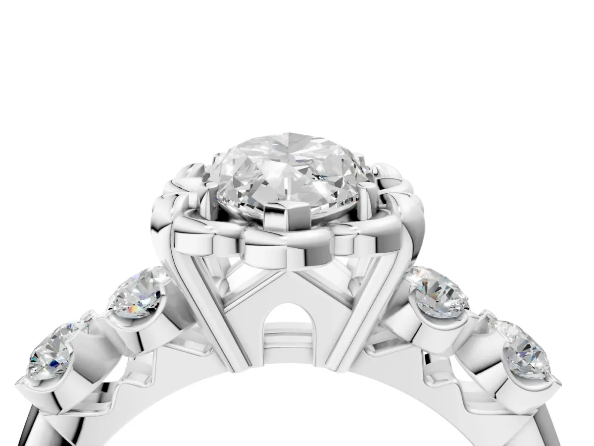 Marquise Cut Cut Diamond Floral Halo Engagement Ring with Shared Prong Setting Silver