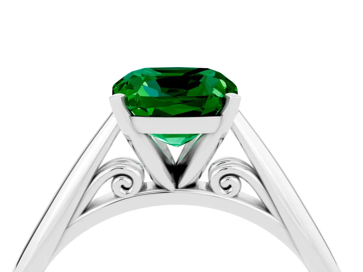 Cushion Cut Emerald Solitaire Engagement Ring with Cathedral Setting and Four-Prong Mount White gold