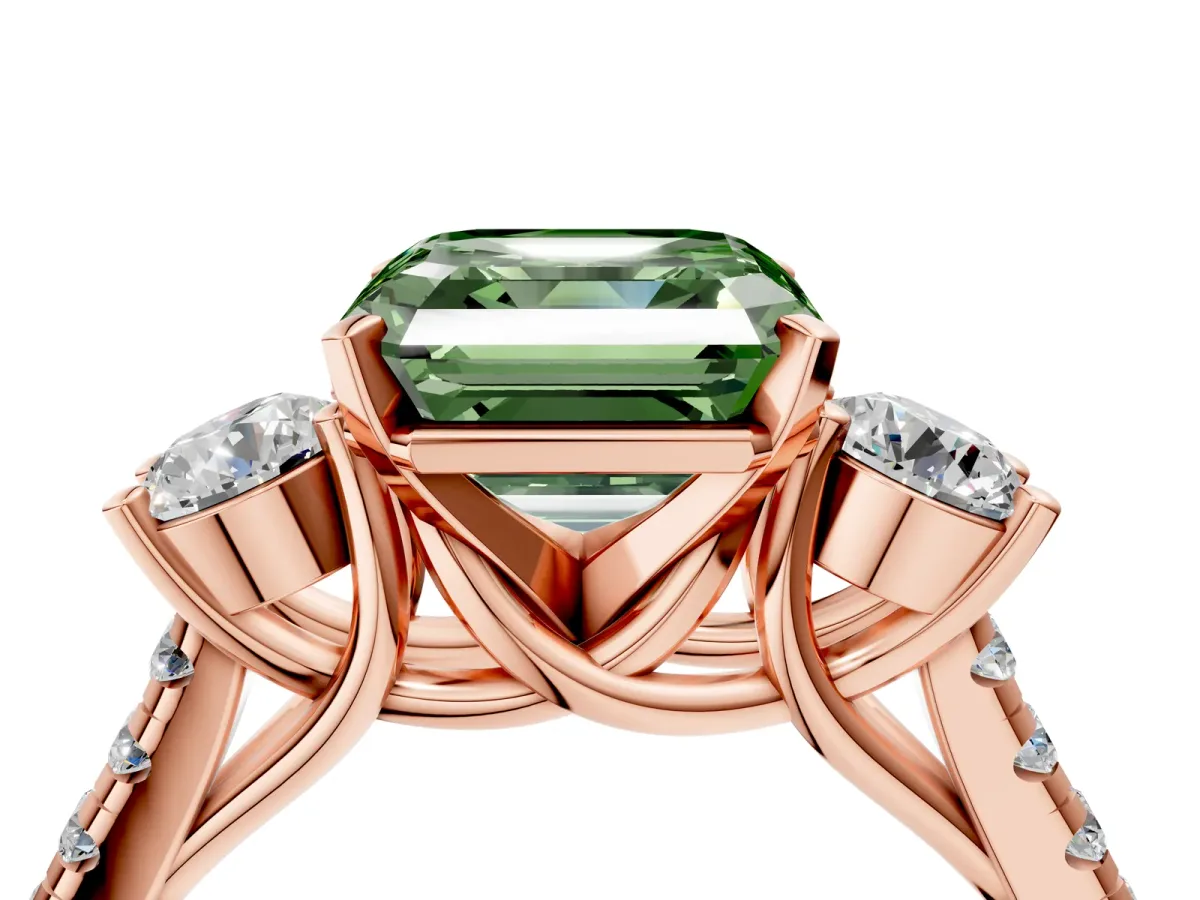 Fancy Green Three-Stone Asscher Cut Diamond Pavé Band with Four-Prong Setting Rose gold