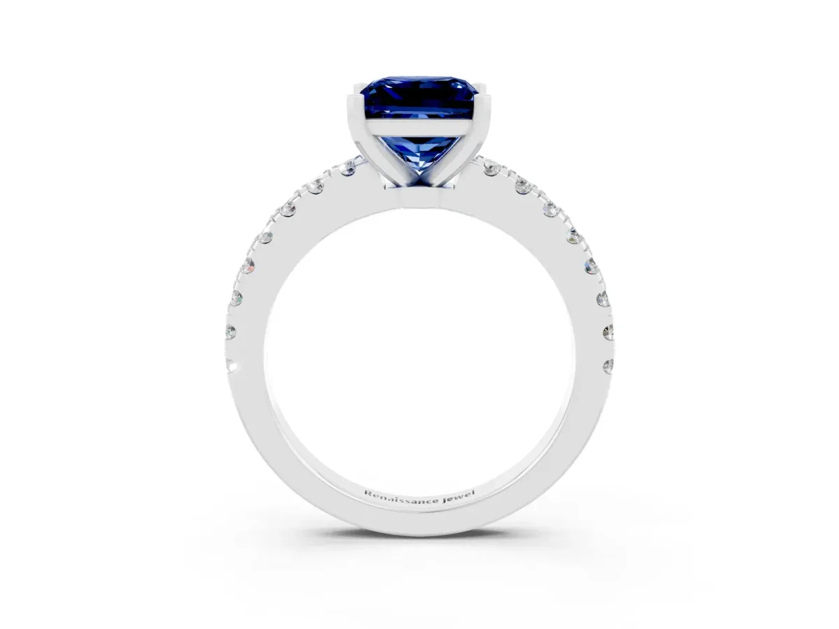 Princess Cut Solitaire Blue Sapphire with Pavé Band and Four-Prong Setting Silver
