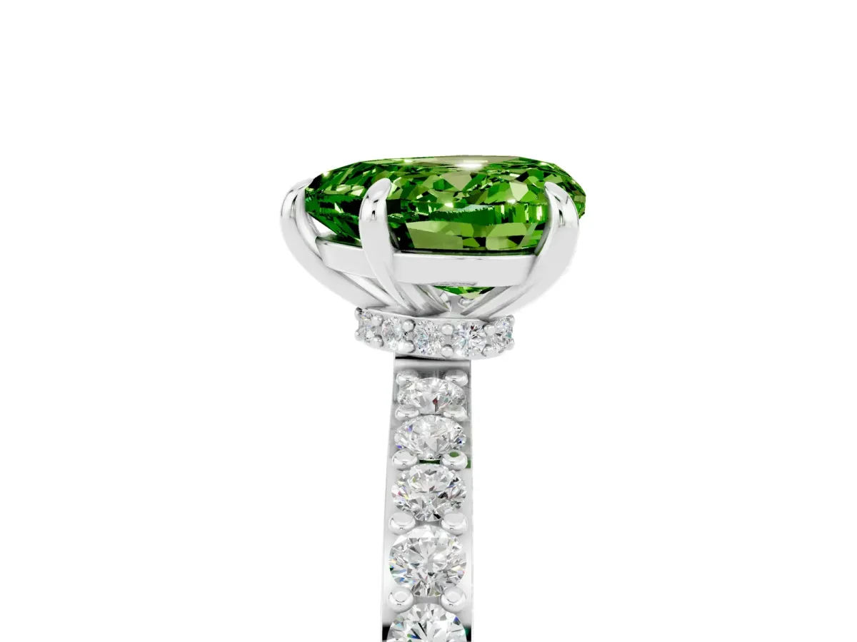 Heart Cut Peridot Solitaire Engagement Ring with Pavé Band and Four-Prong Setting Silver