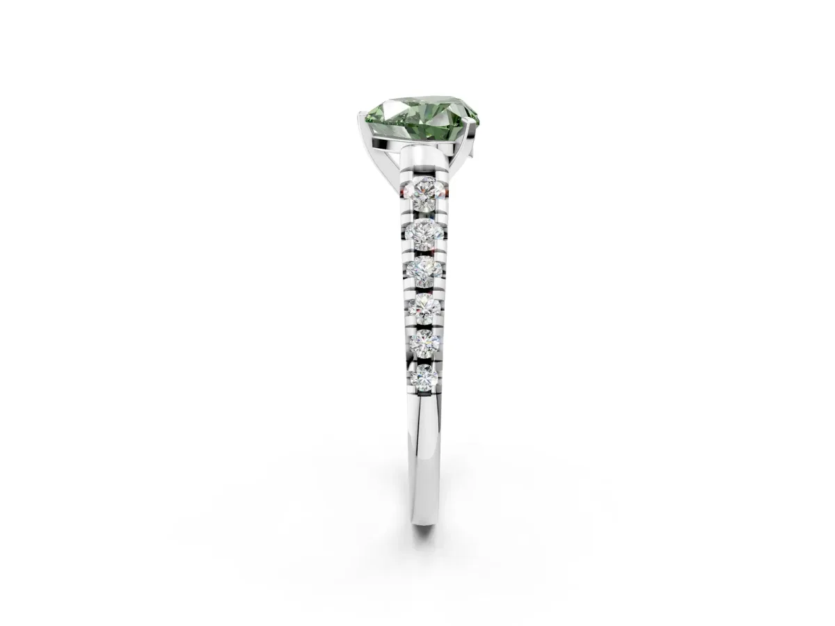 Fancy Green Heart Cut Diamond Cathedral Solitaire Ring with Round Pavé Band Silver