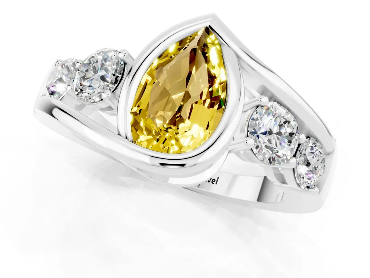 Bezel Set Pear Cut Yellow Sapphire Bypass Ring with Round Accents Silver