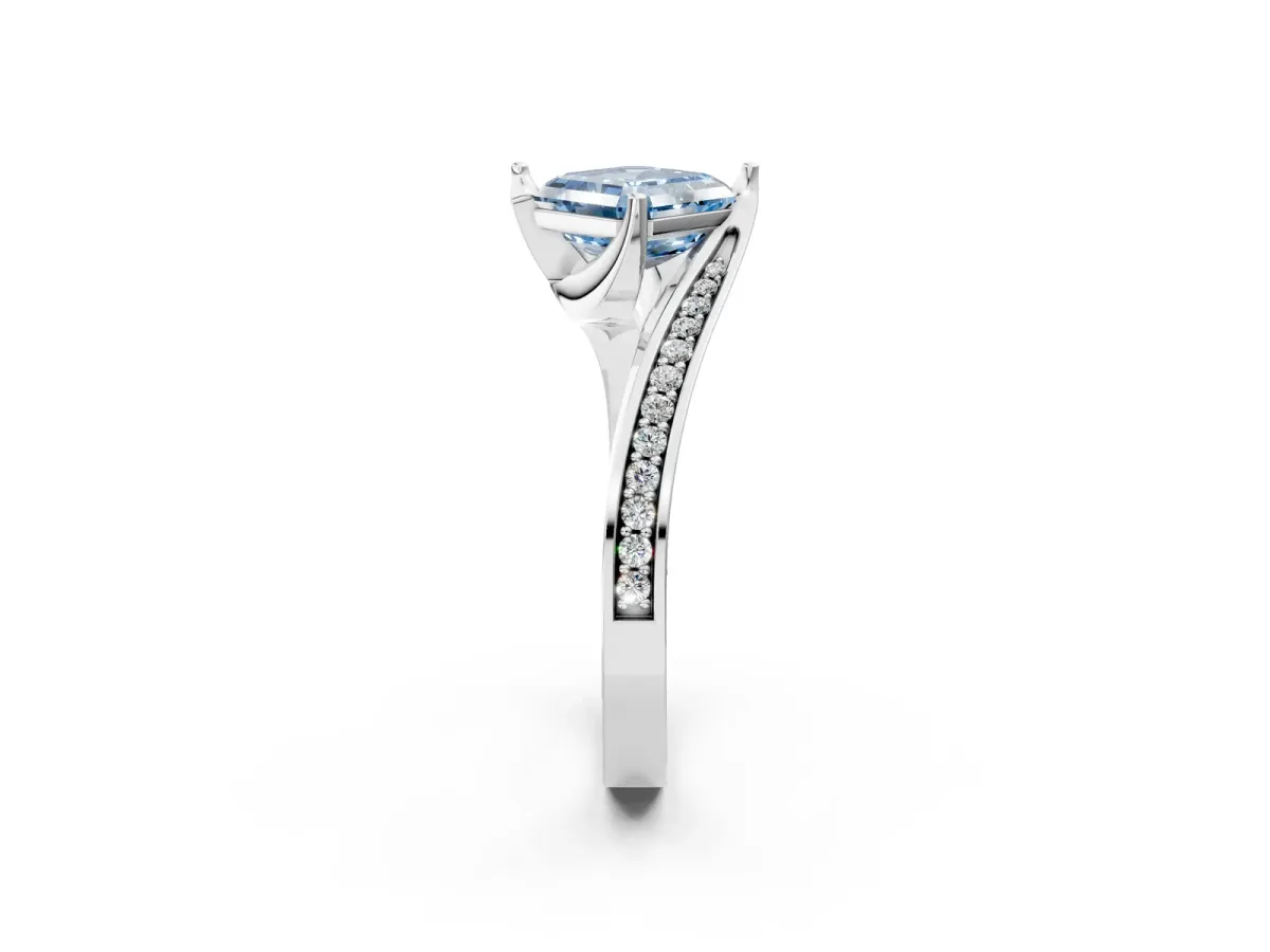 Fancy Blue Asscher Cut Solitaire Diamond Twist Band with Pavé Setting and Four-Prong Setting Platinum