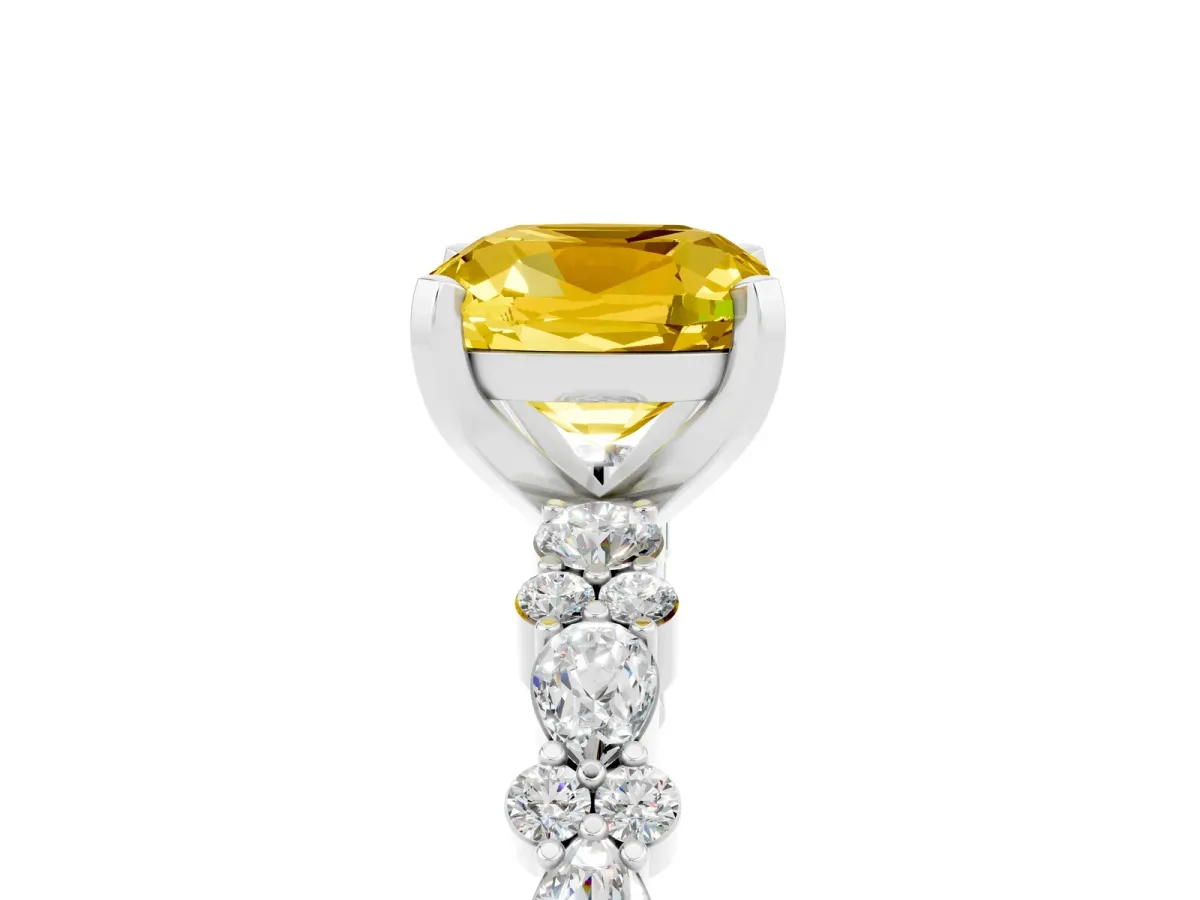 Cushion Cut Yellow Sapphire Side Stone Solitaire Ring with Round and Four-Prong Setting Platinum