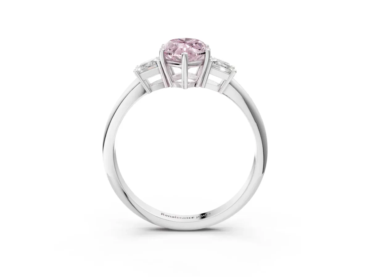 Fancy Pink Marquise Cut Diamond Three-Stone Ring with Trapezoid Side Stones and Prong Setting Silver