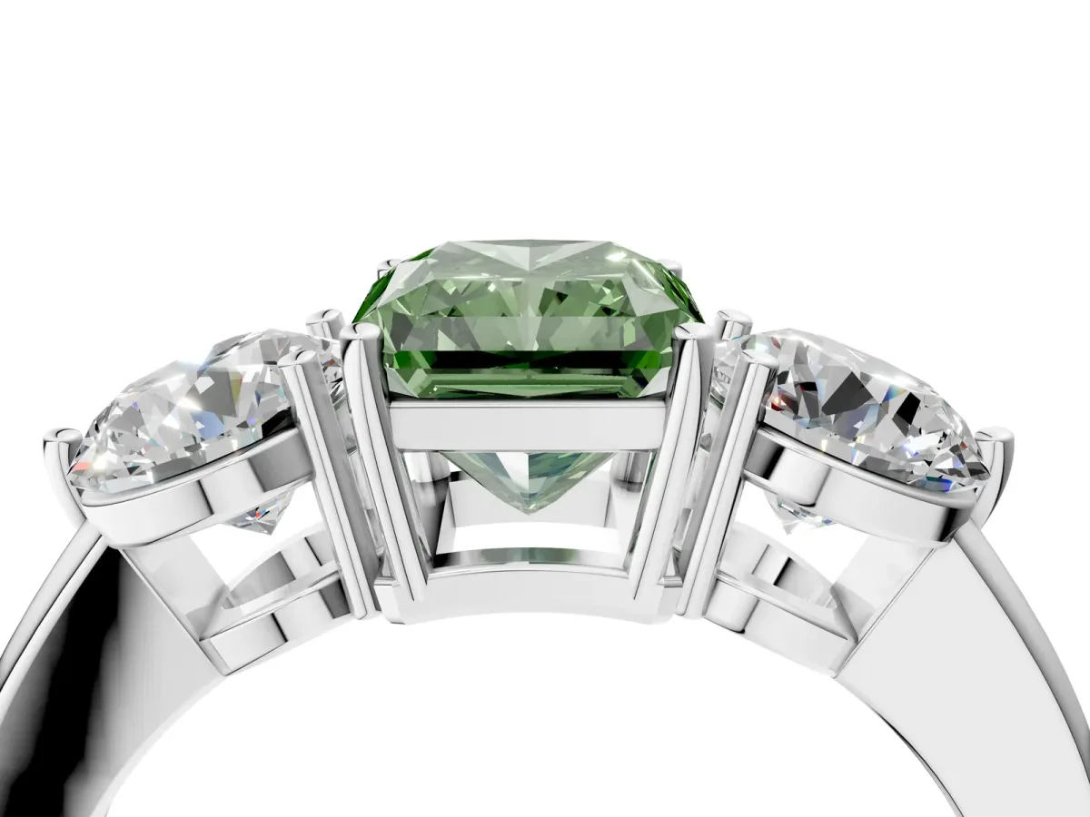 Fancy Green Radiant Cut Diamond Three-Stone Ring with Prong Setting and Classic Band Platinum