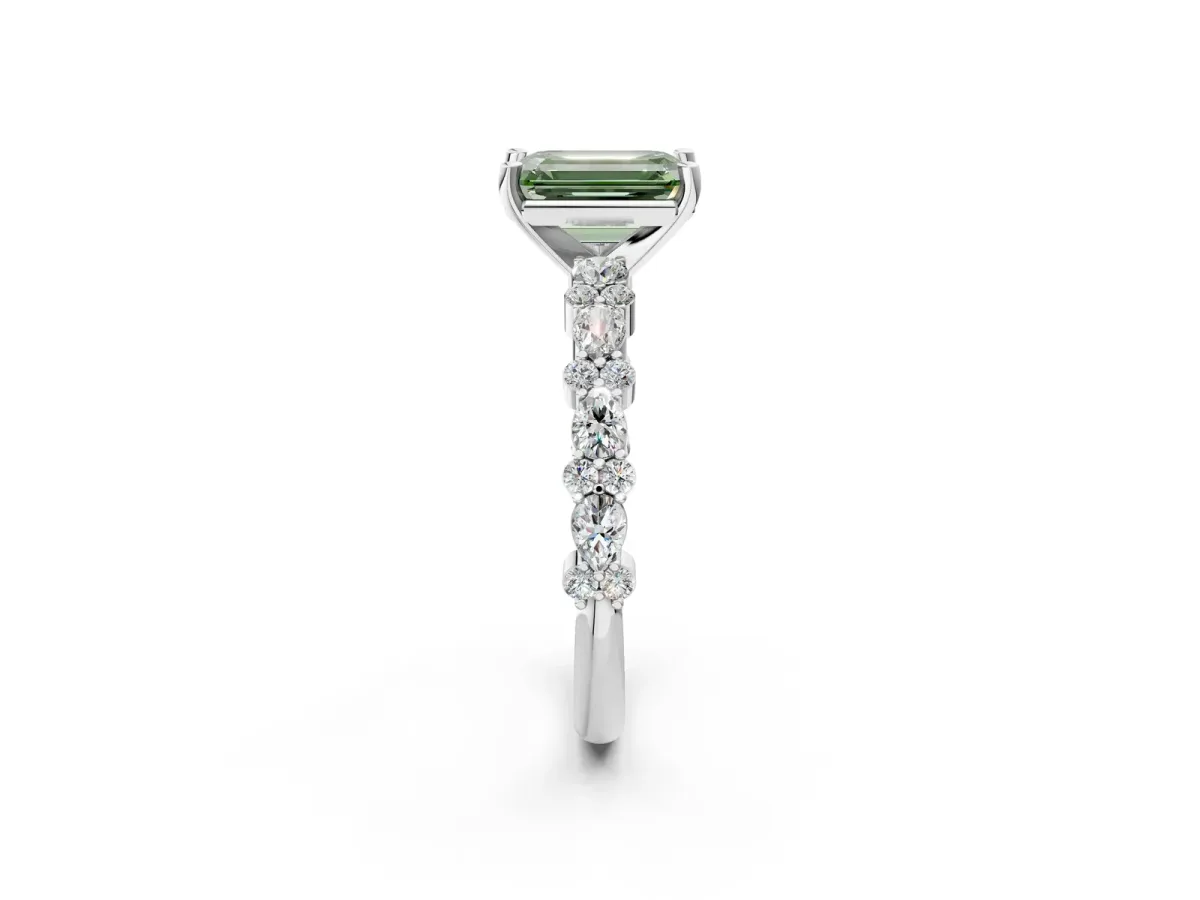 Fancy Green Emerald Cut Diamond Side Stone Solitaire Ring with Round and Four-Prong Setting White gold