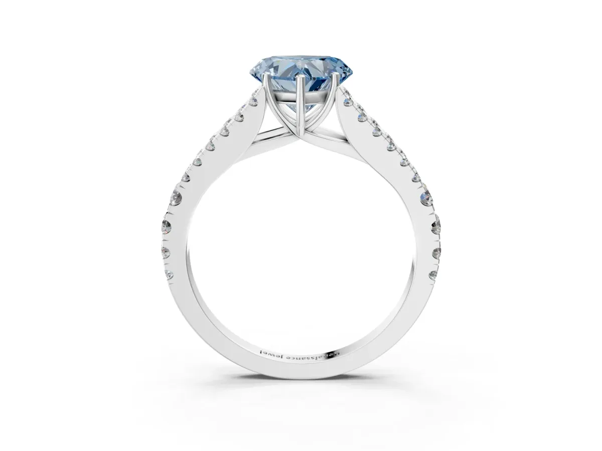 Fancy Blue Heart Cut Diamond Split Shank Pavé Engagement Ring with Four-Prong Setting White gold